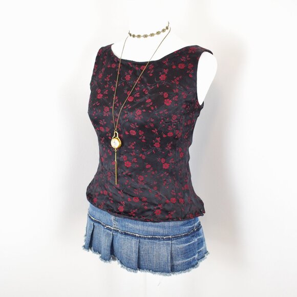 Vintage 00s Y2K Ann Taylor Black & Red Floral Jacquard Boat Neck Tank Top Size 6 - Picture 2 of 6